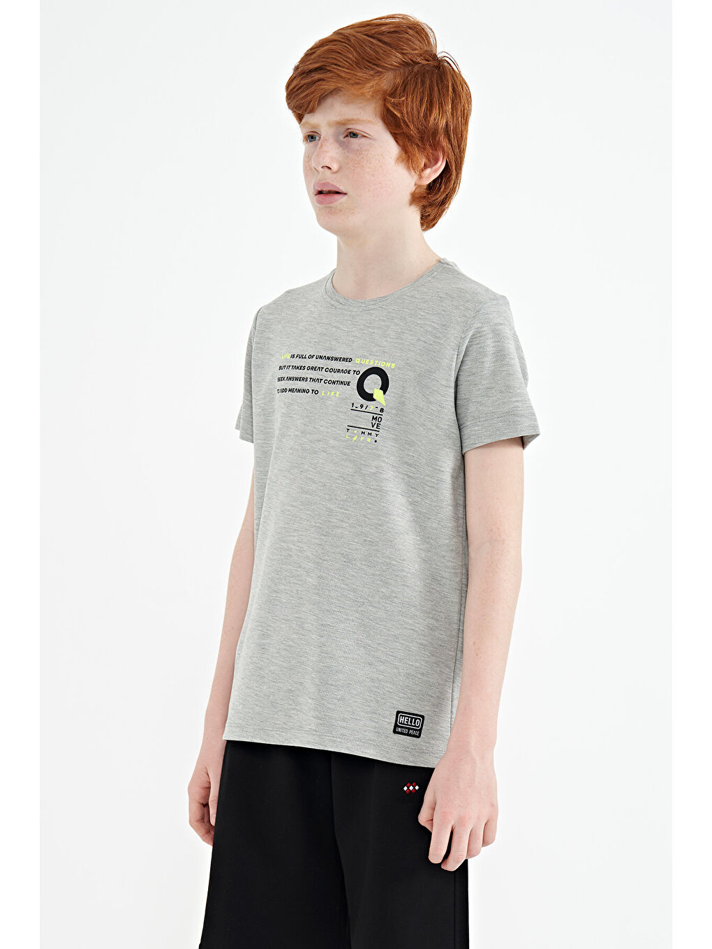 Gri Melanj Baskı Detaylı O Yaka Standart Kalıp Erkek Çocuk Tişört - 11145-3