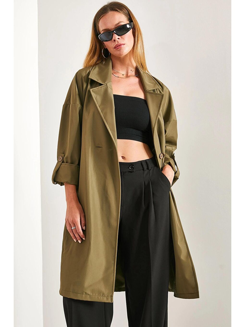 Haki Kadın Kol Katlamalı Kuşaklı Trençkot-1