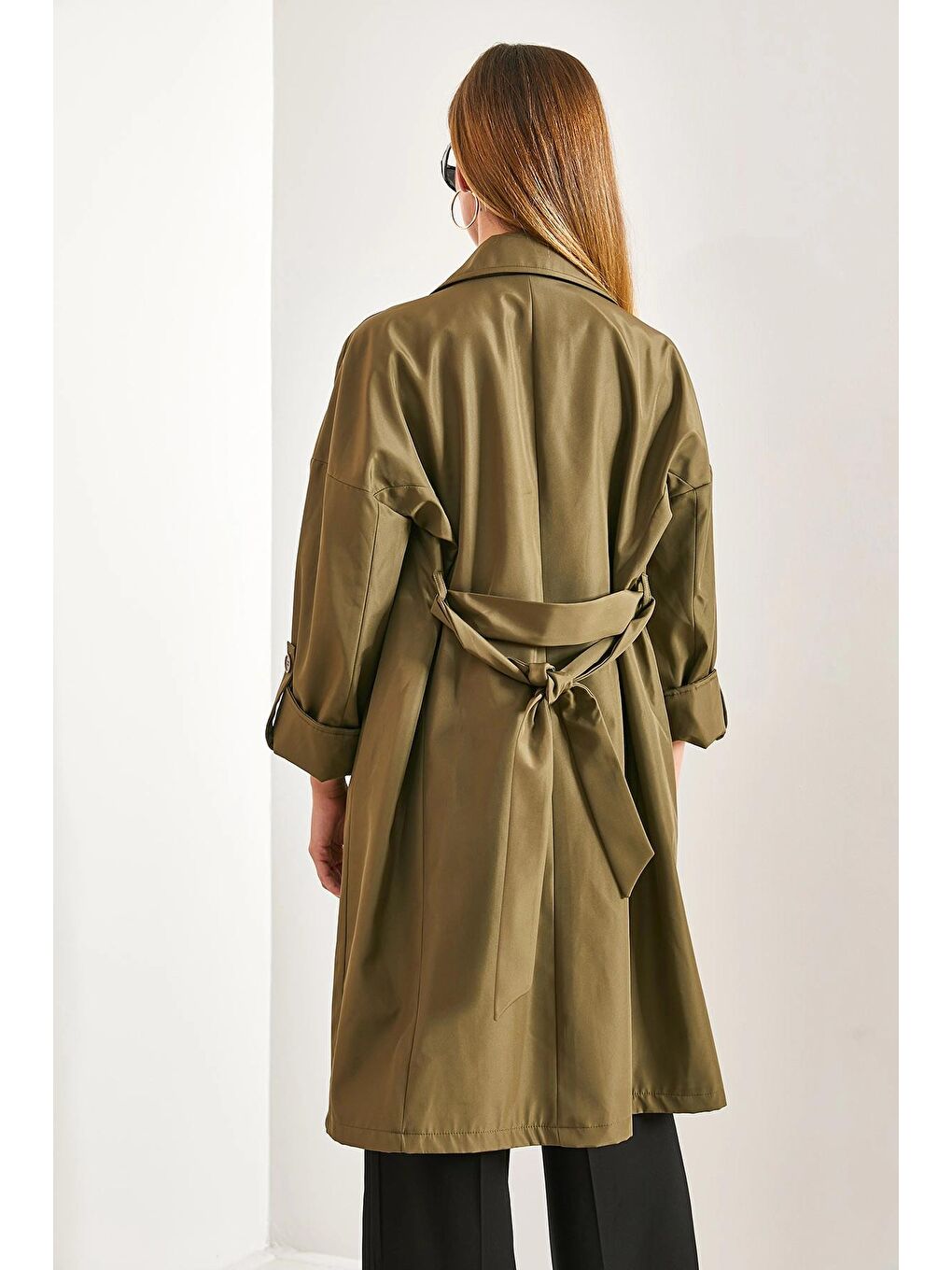 Haki Kadın Kol Katlamalı Kuşaklı Trençkot-2