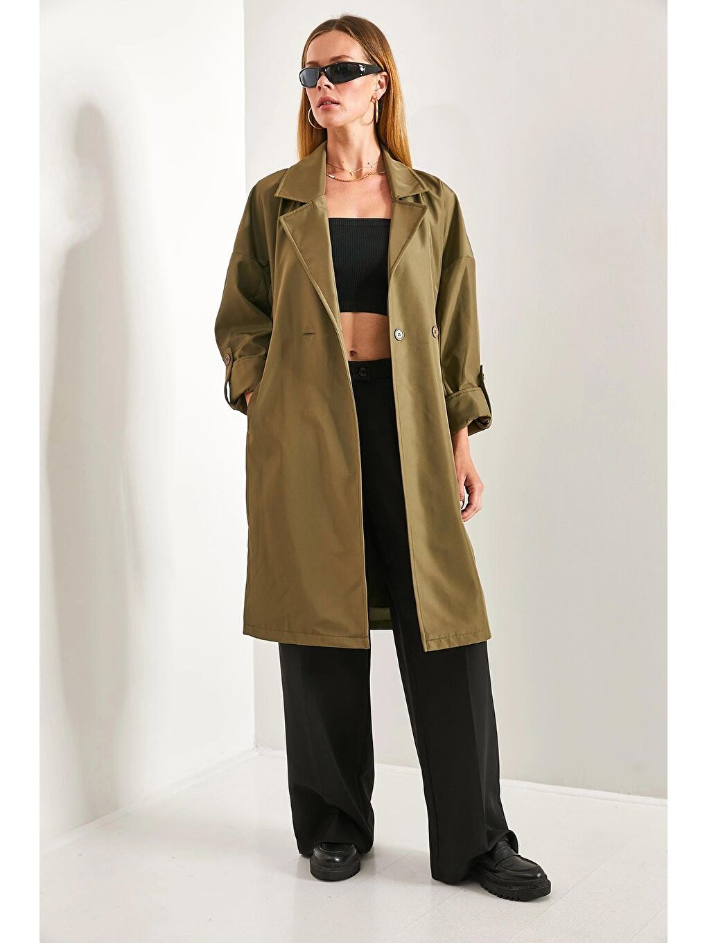 Haki Kadın Kol Katlamalı Kuşaklı Trençkot-3