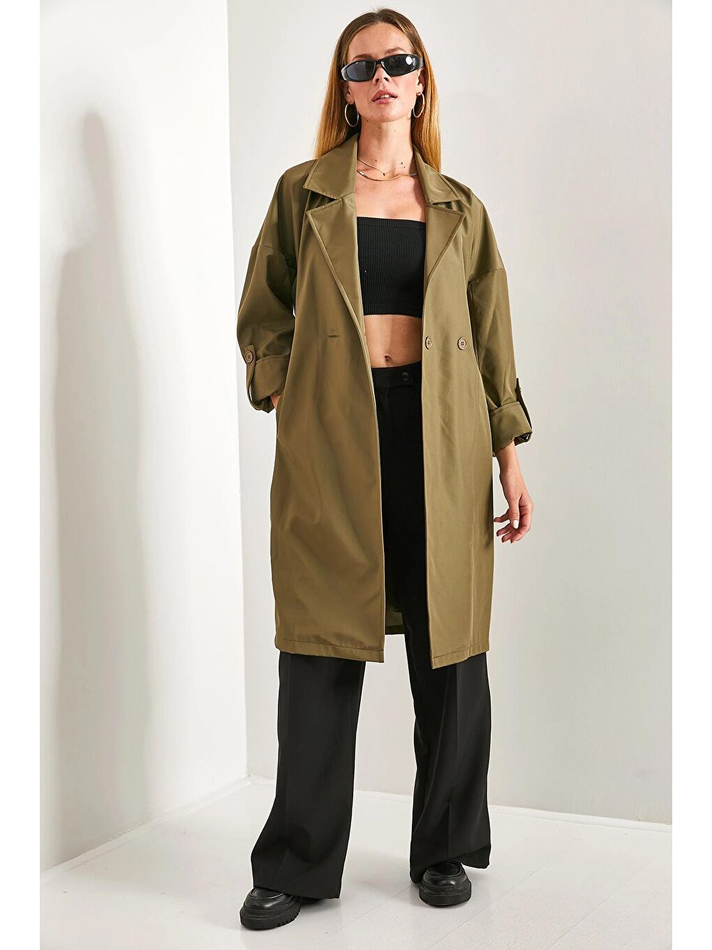 Haki Kadın Kol Katlamalı Kuşaklı Trençkot-4
