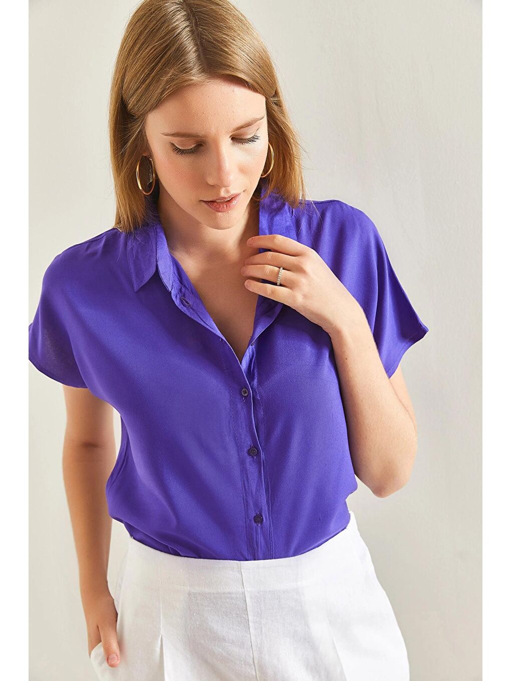 Mor Kadın Kısa Kol Basic Viskon Gömlek