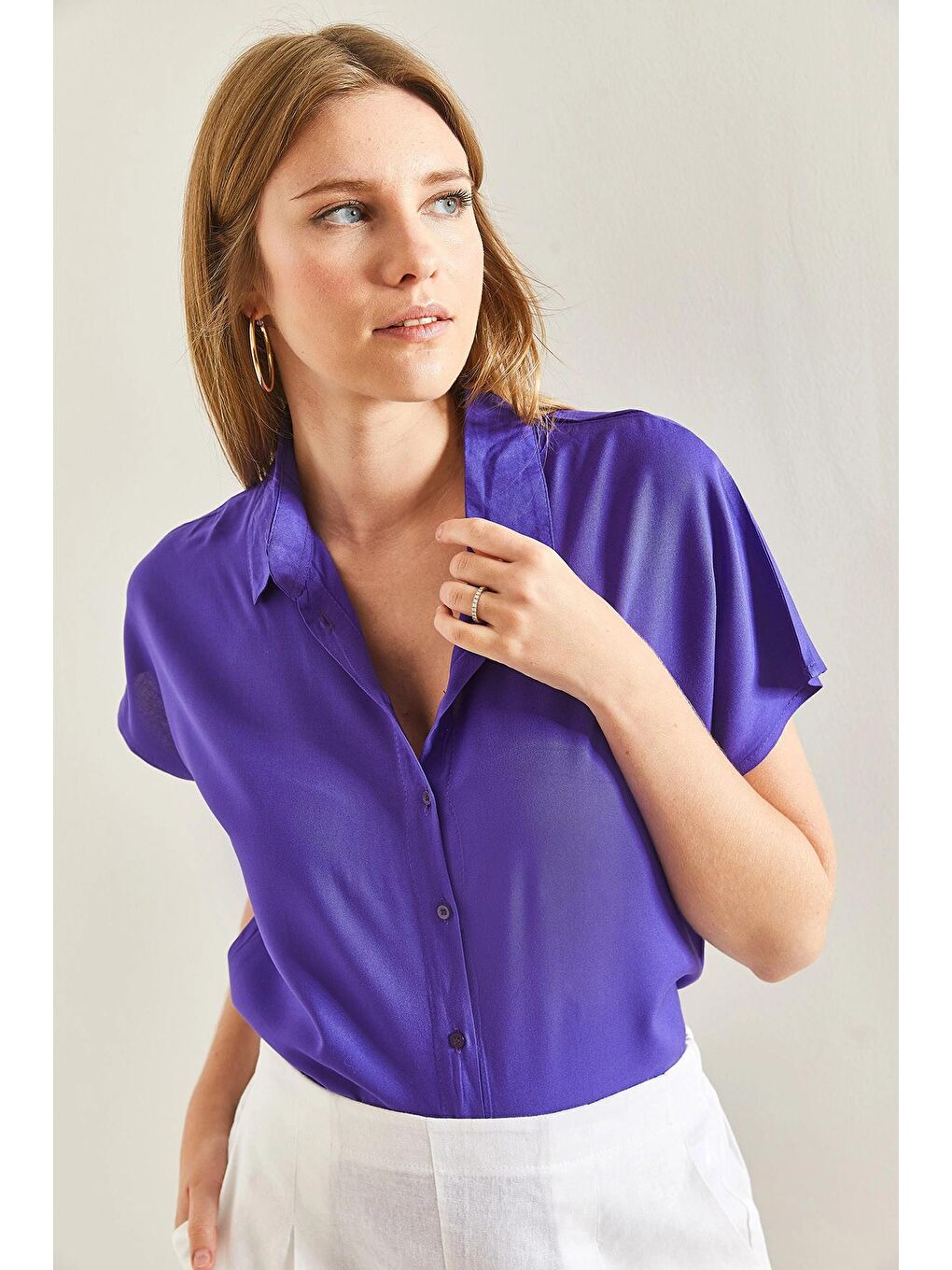 Mor Kadın Kısa Kol Basic Viskon Gömlek-1