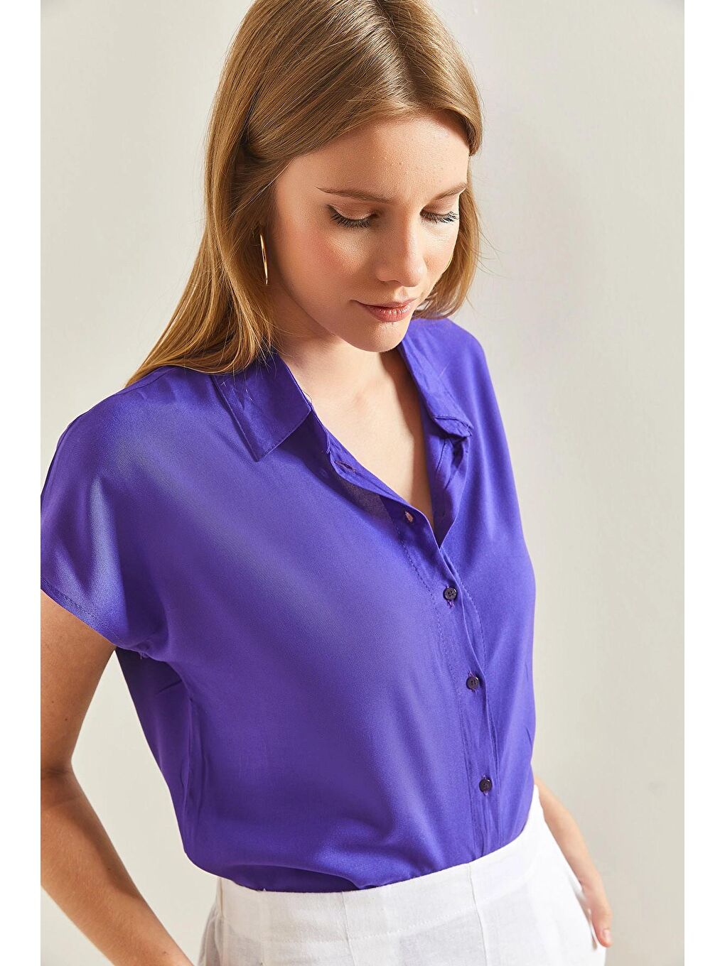 Mor Kadın Kısa Kol Basic Viskon Gömlek-2