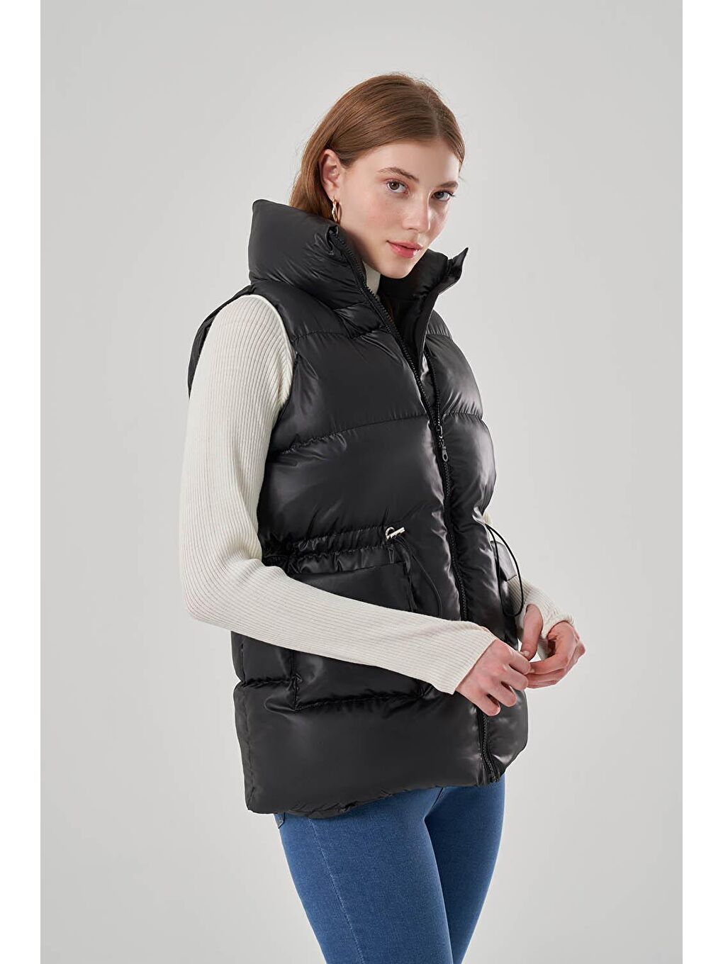 Yanı Büzgülü Şişme Siyah Yelek-1