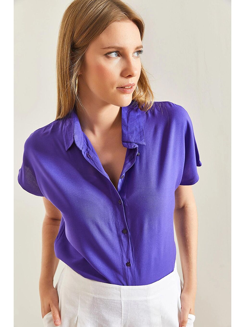 Mor Kadın Kısa Kol Basic Viskon Gömlek-3