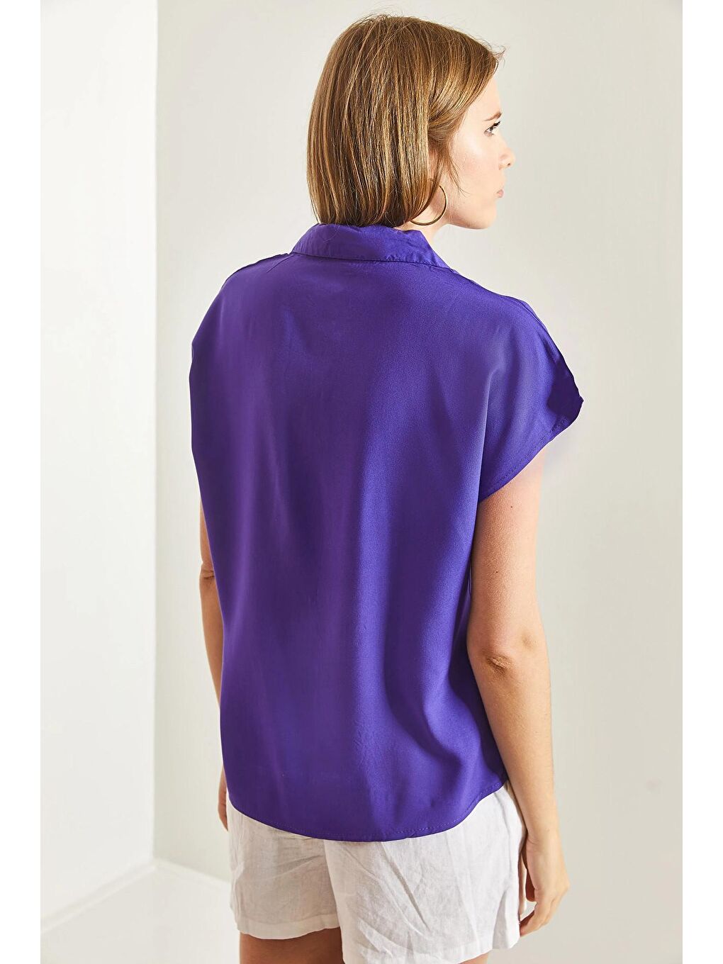 Mor Kadın Kısa Kol Basic Viskon Gömlek-4