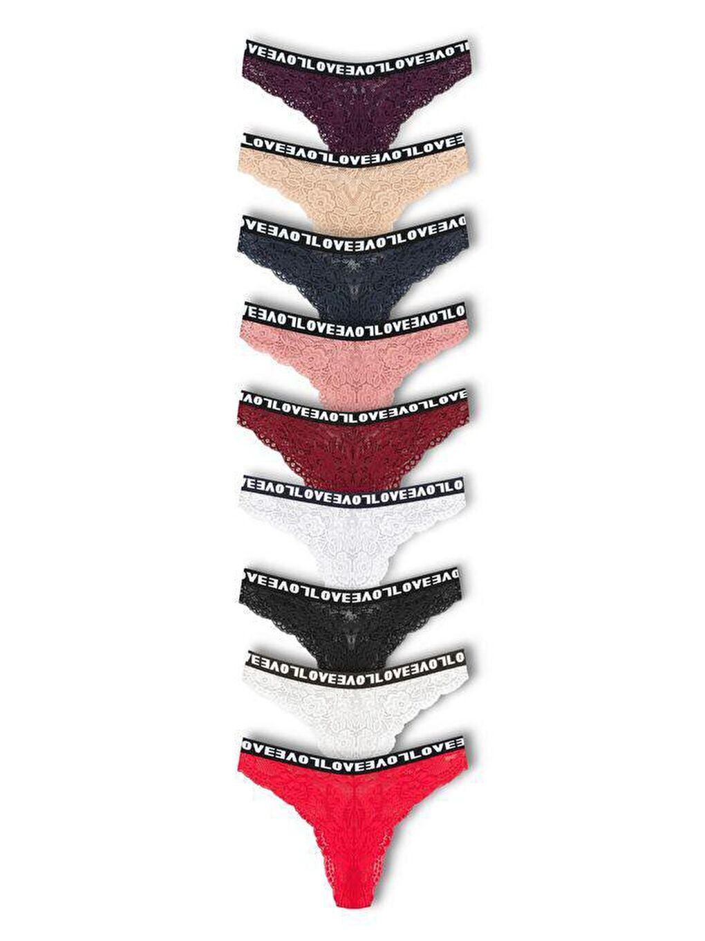 Karışık Brezilya Kesim Dantelli LOVE Lastik Yüksek Bel Kadın Külot 9'lu