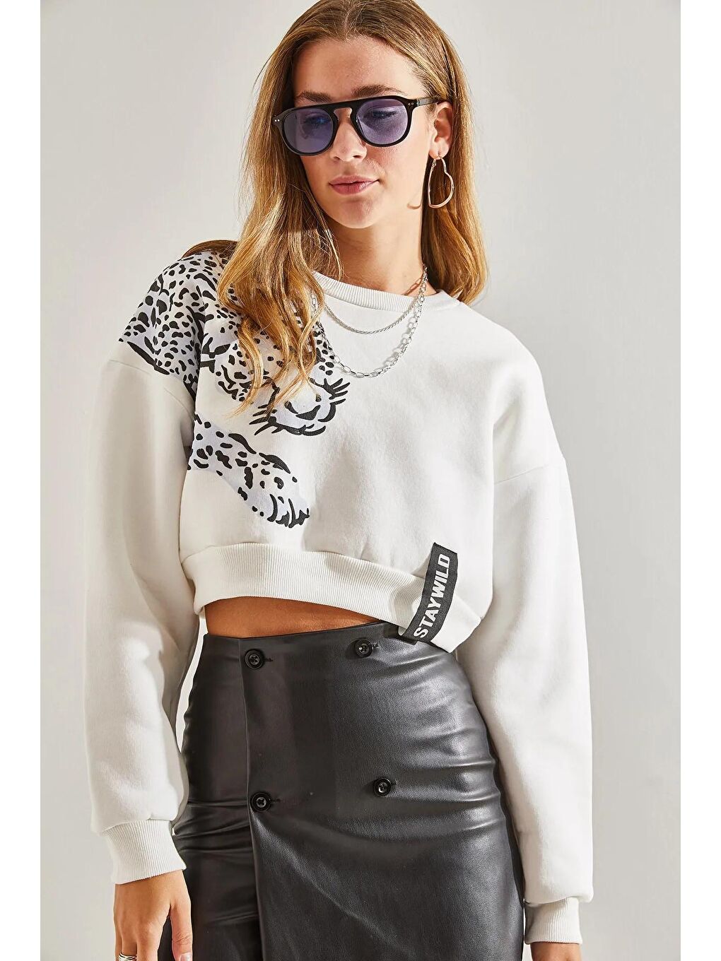 Beyaz Kadın Baskılı Üç İplik Şardonlu Sweatshirt-2