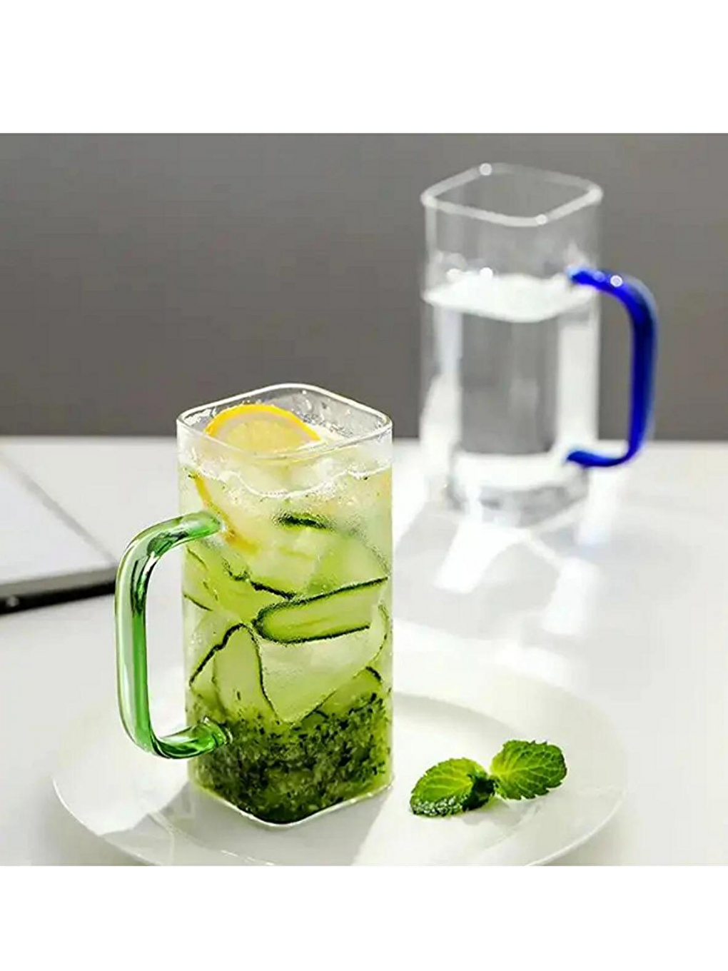 Yeni Nesil Kare Cam Koyu Yeşil Kulplu Latte,Meşrubat,,Süt,Su Bardağı 350 Ml 4 Ade-4