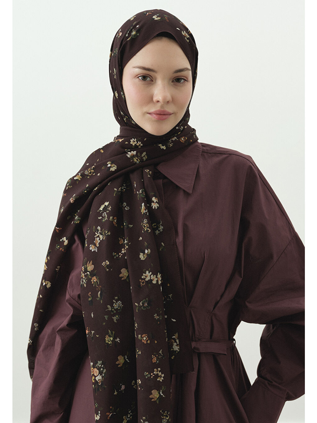 Bordo Tıny Blooms Desenli Pamuk Viskon Şal