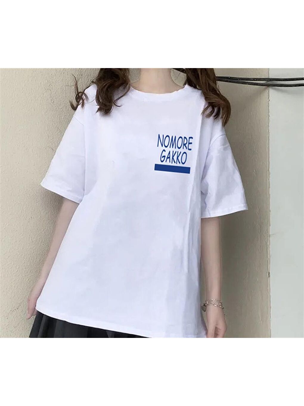 Touz Moda Beyaz Nomore Gakko Baskılı Beyaz Unisex Oversize T-shirt