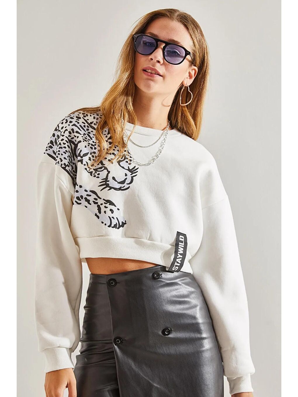 Beyaz Kadın Baskılı Üç İplik Şardonlu Sweatshirt-4