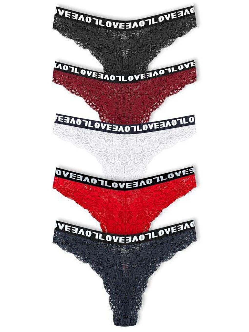 Lacivert Brezilya Kesim Dantelli LOVE Lastik Yüksek Bel Kadın Külot 5'li