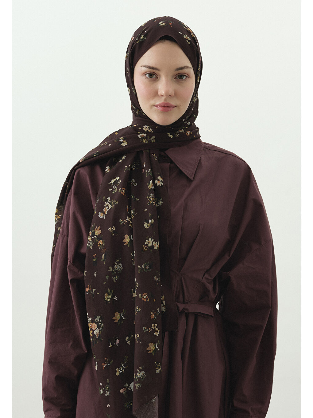 Bordo Tıny Blooms Desenli Pamuk Viskon Şal-2