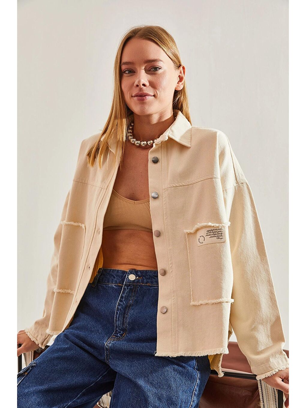 Bej Kadın Büyük Çift Cepli Gabardin Ceket-4