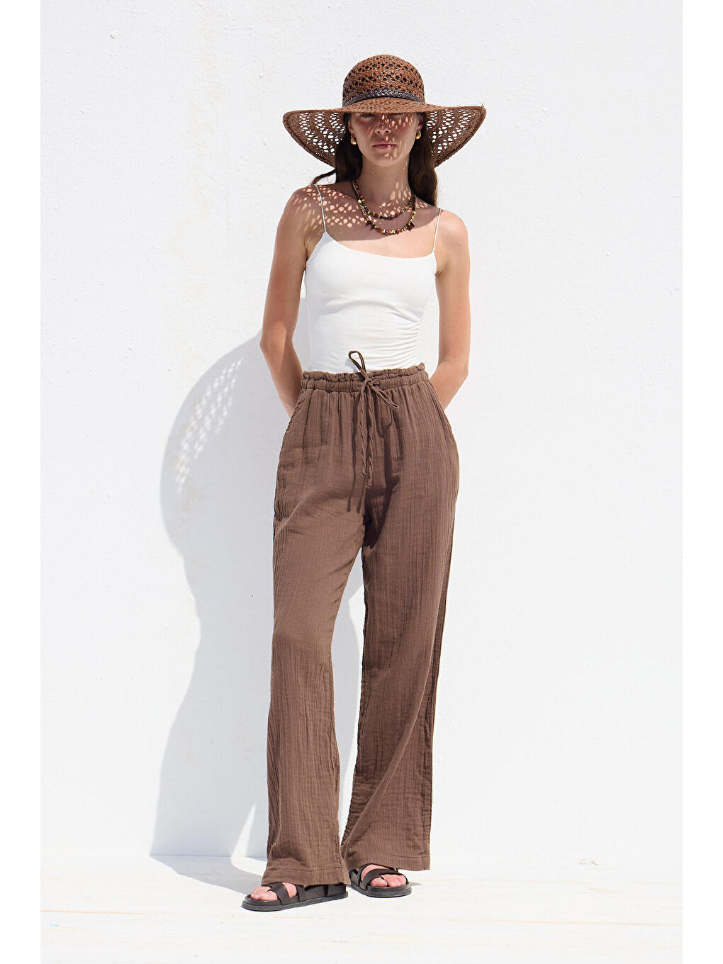 Müslin Rahat Pantolon Kahverengi-4