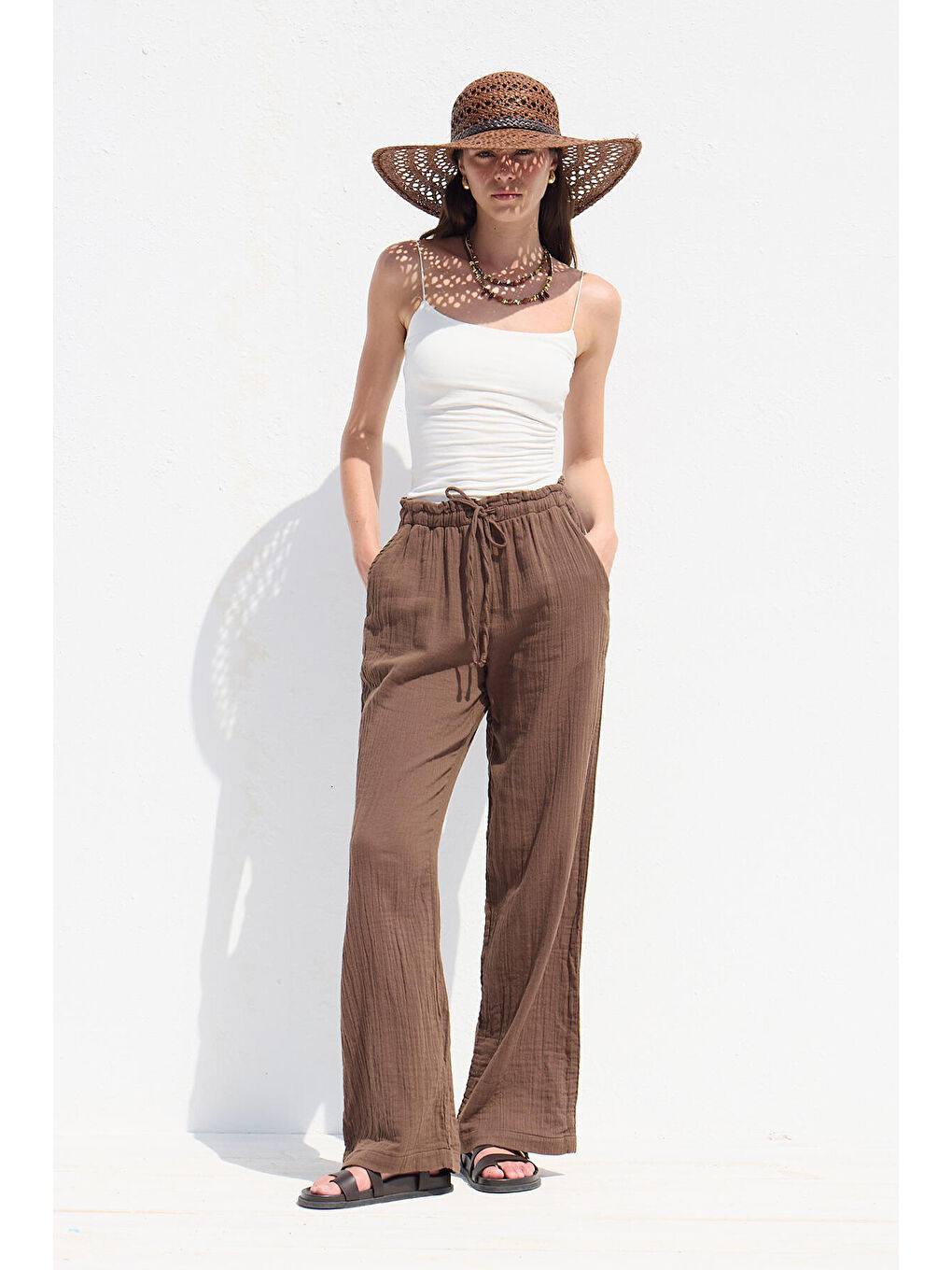 Müslin Rahat Pantolon Kahverengi-5