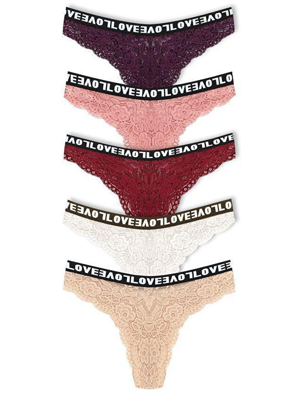 Kahverengi Brezilya Kesim Dantelli LOVE Lastik Yüksek Bel Kadın Külot 5'li