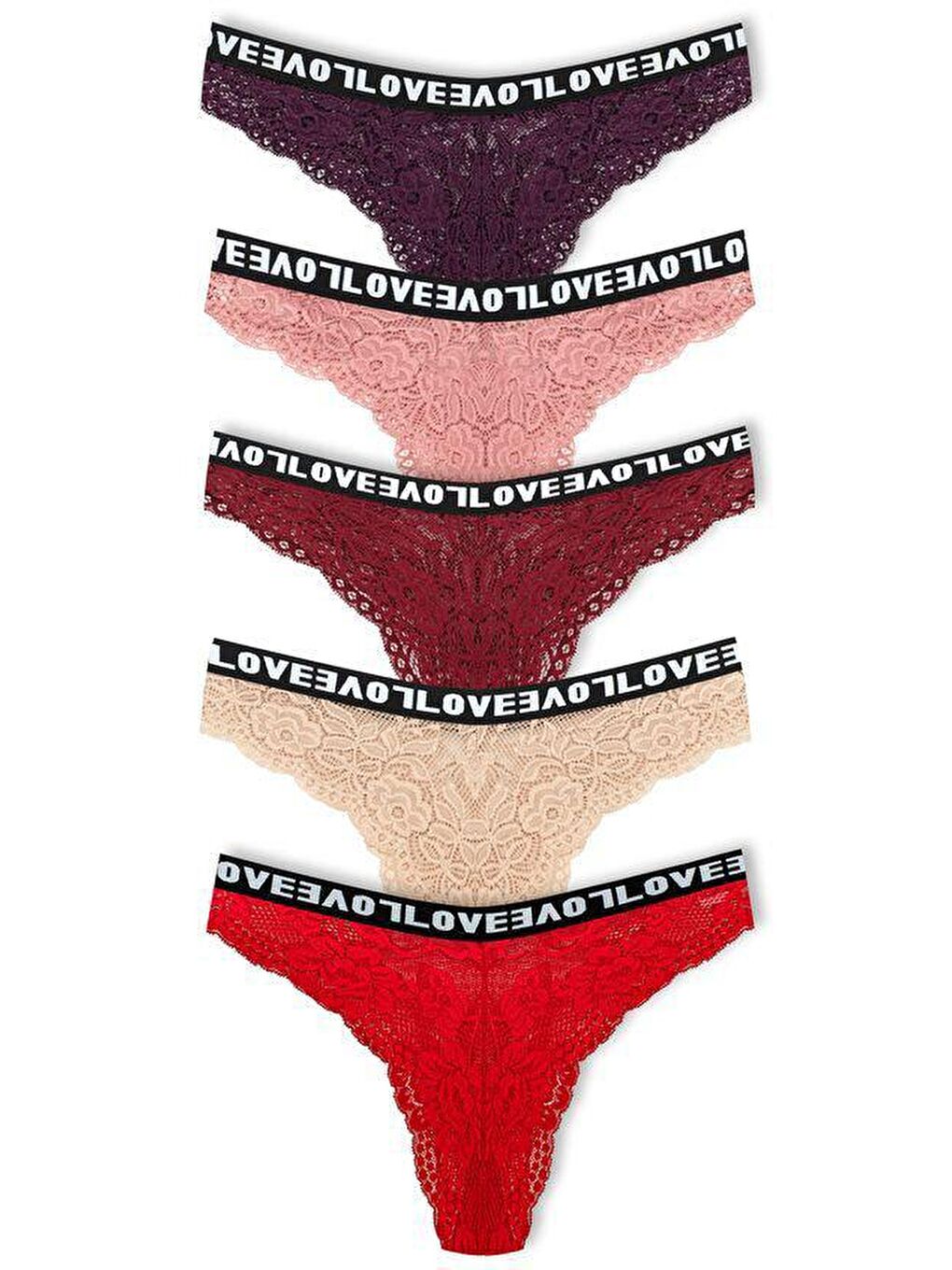 Bordo Brezilya Kesim Dantelli LOVE Lastik Yüksek Bel Kadın Külot 5'li