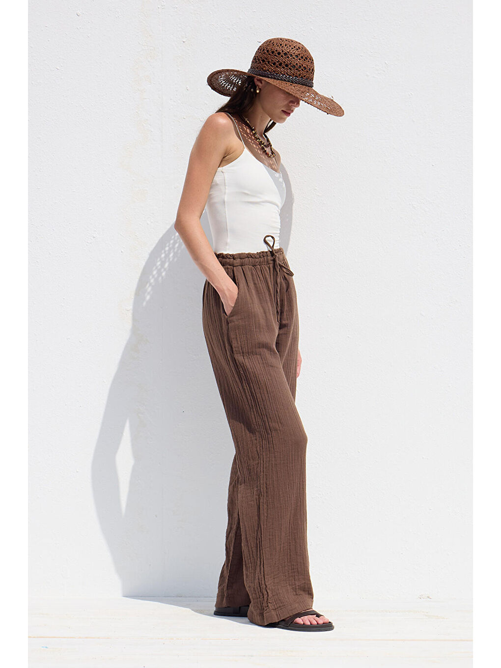 Müslin Rahat Pantolon Kahverengi-6