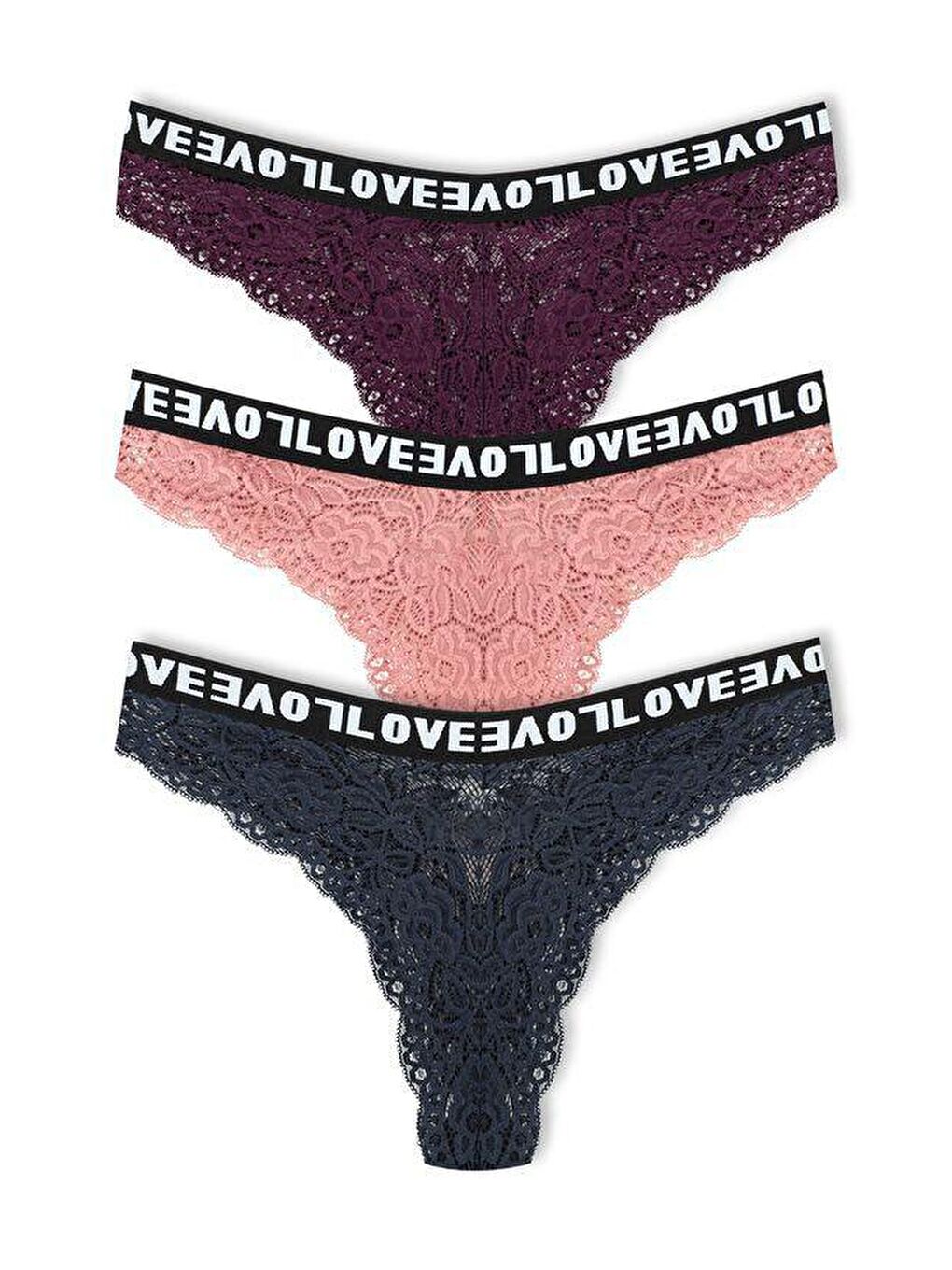 Mor Brezilya Kesim Dantelli LOVE Lastik Yüksek Bel Kadın Külot 3'lü