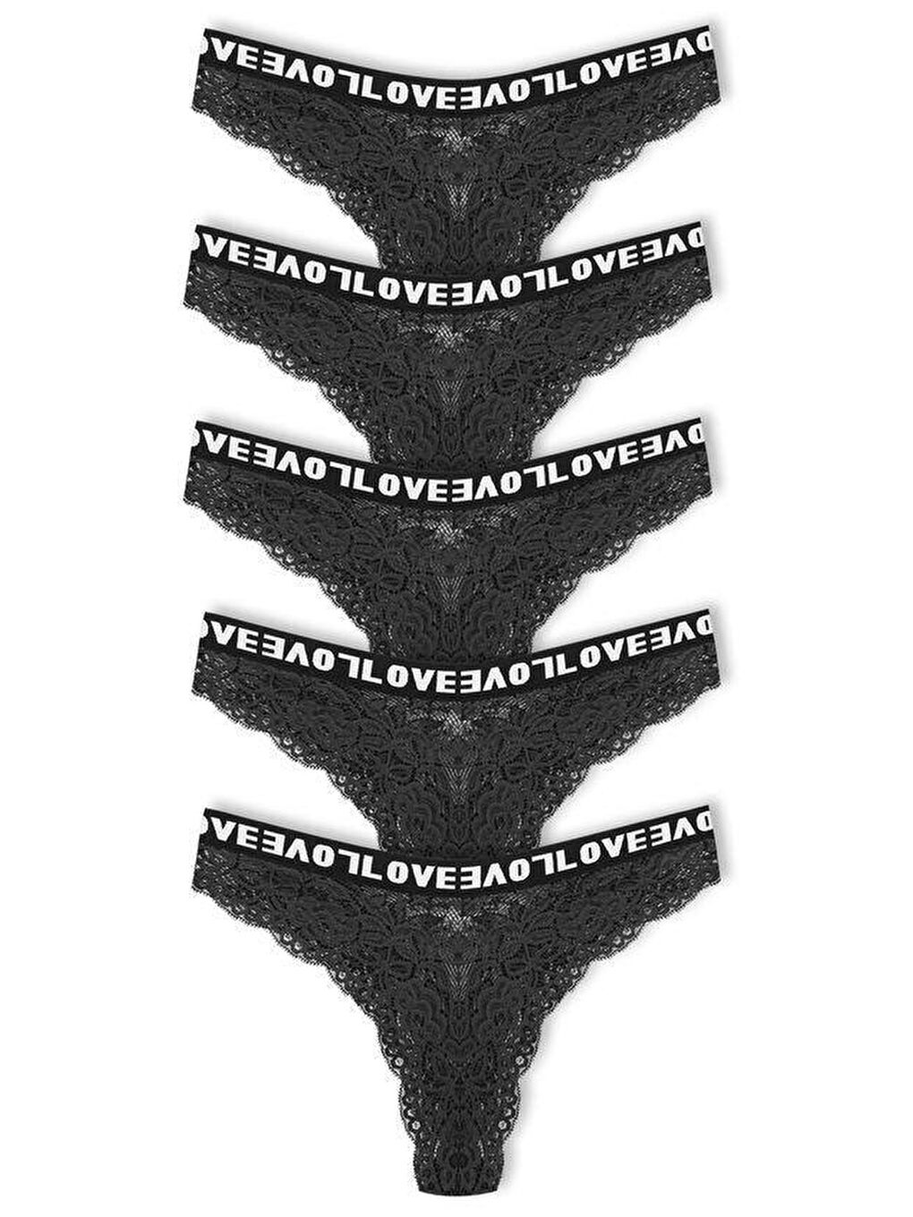 Siyah Brezilya Kesim Dantelli LOVE Lastik Yüksek Bel Kadın Külot 5'li