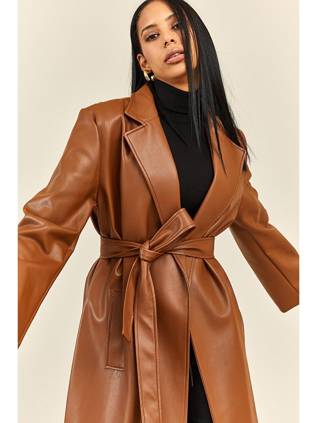 Kahverengi Taba Kruvaze Yaka Kuşaklı Deri Ceket 3YXK4-47203-30