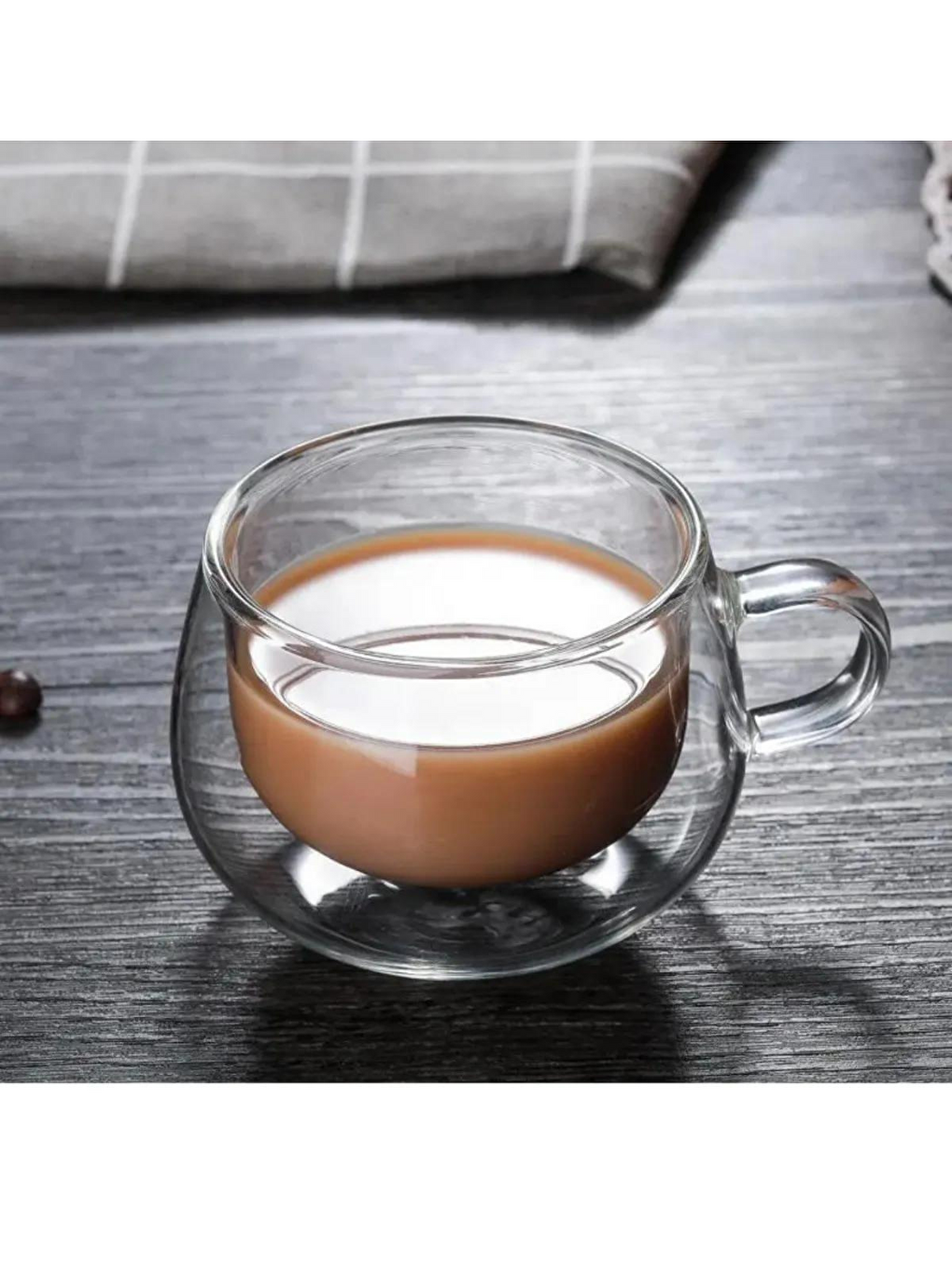 Renksiz Yeni Tasarım Çift Cidarlı 200 ml Kulplu Cam Bardak Çay Kupası 3 Adet2673-4