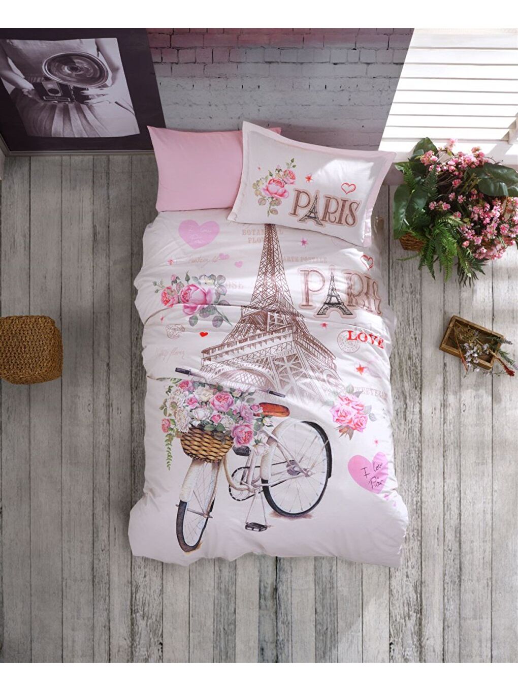 Clasy %100 Pamuk Nevresim Takımı Tek Kişilik Paris Love Pembe