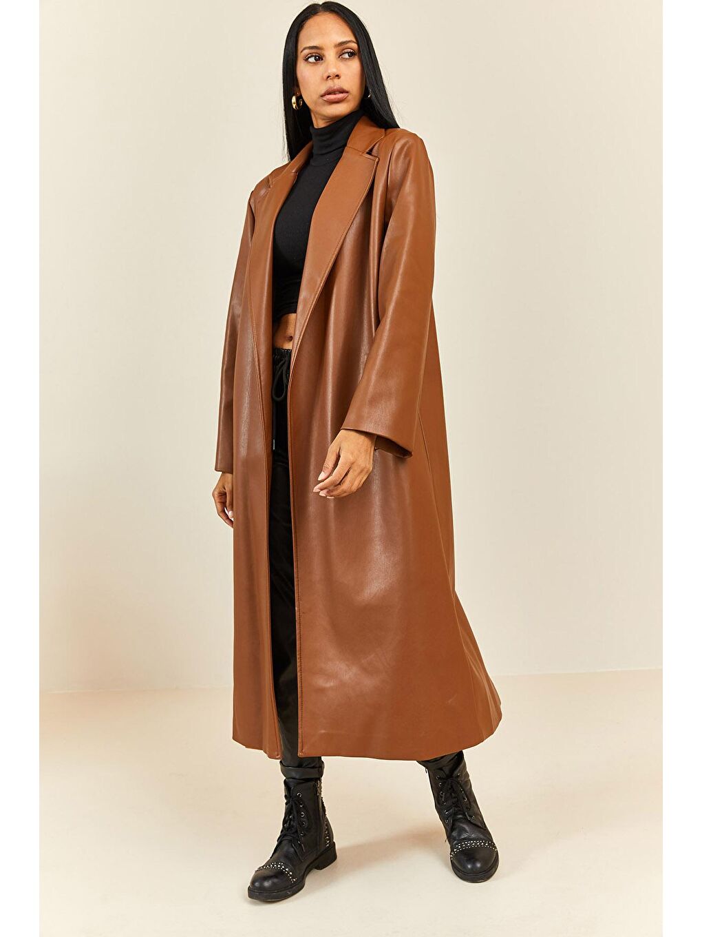 Kahverengi Taba Kruvaze Yaka Kuşaklı Deri Ceket 3YXK4-47203-30-1