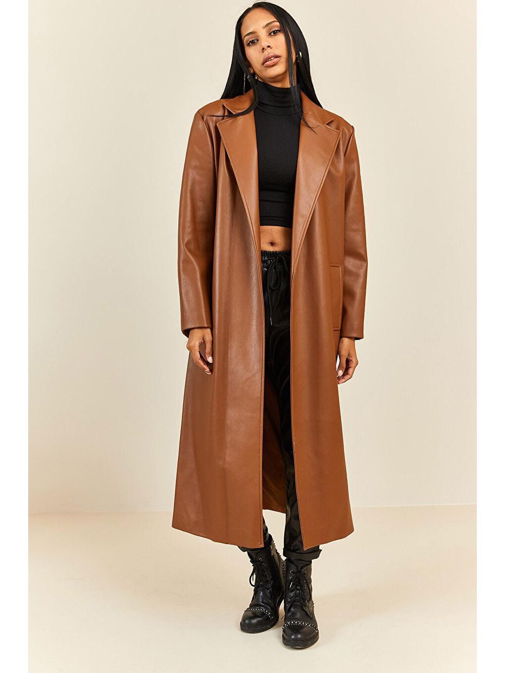 Kahverengi Taba Kruvaze Yaka Kuşaklı Deri Ceket 3YXK4-47203-30-2