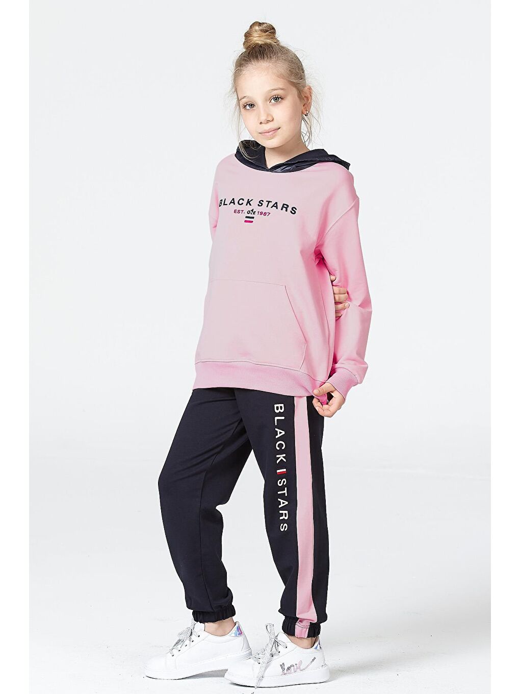 Pembe Kapüşonlu Uzun Kollu Kız Çocuk Eşofman Takımı-1