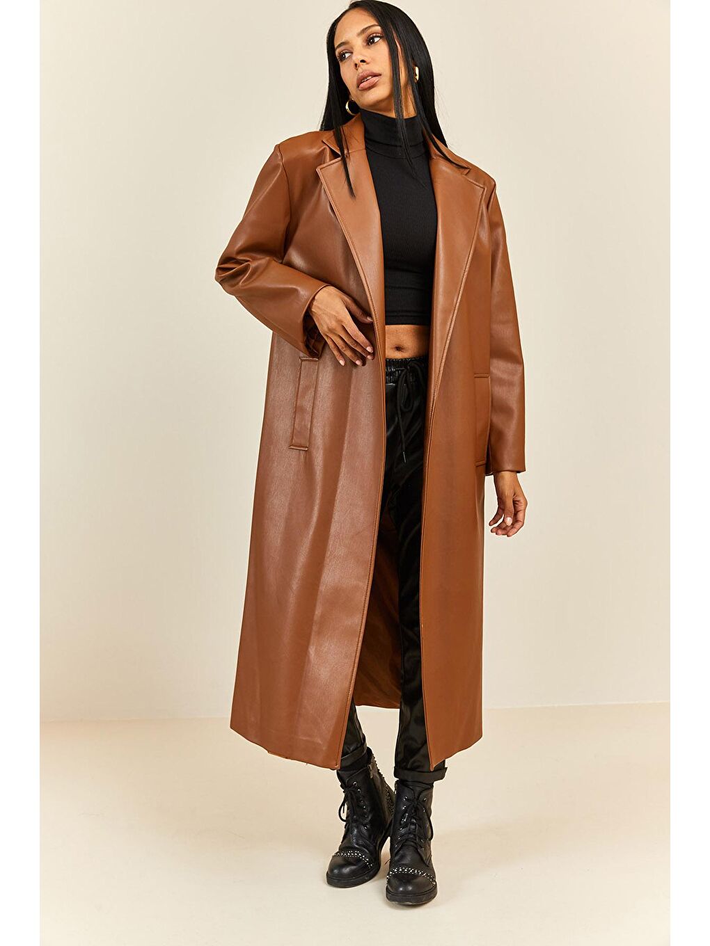 Kahverengi Taba Kruvaze Yaka Kuşaklı Deri Ceket 3YXK4-47203-30-3