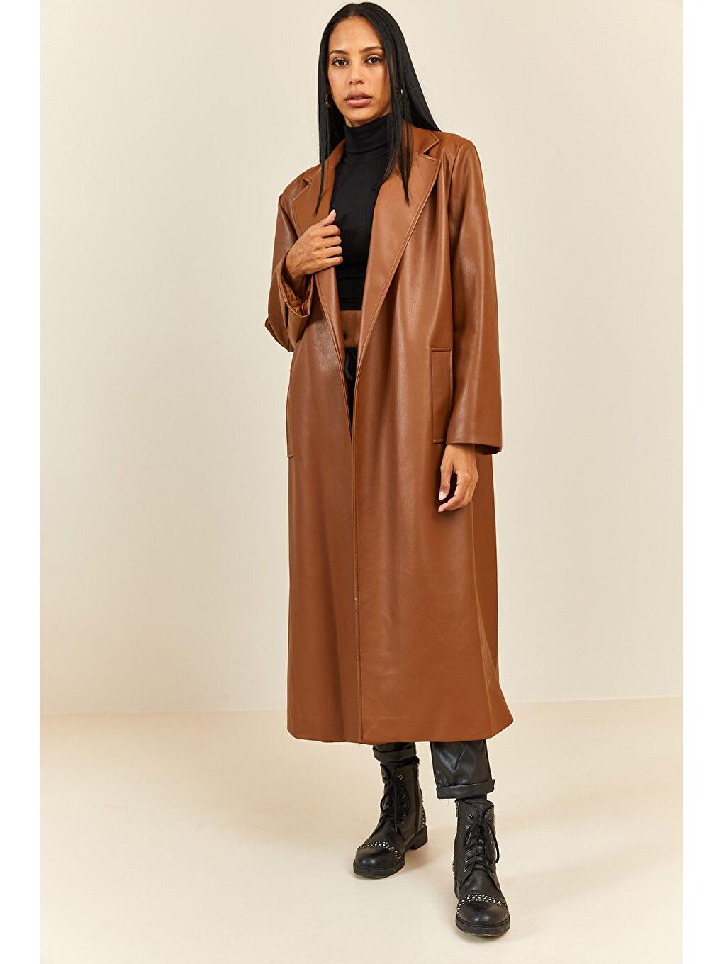 Kahverengi Taba Kruvaze Yaka Kuşaklı Deri Ceket 3YXK4-47203-30-4