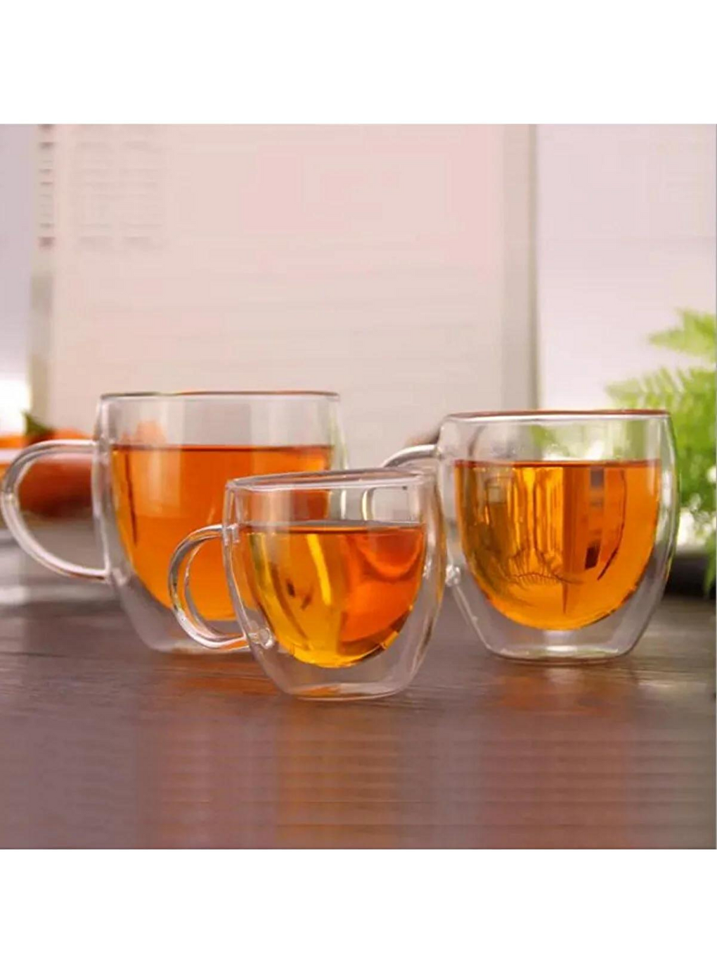 Renksiz Çay Fincanı Çift Cidarlı Cam Kupa 250 ml Kulplu Cam Bardak 4 Adet2037-4