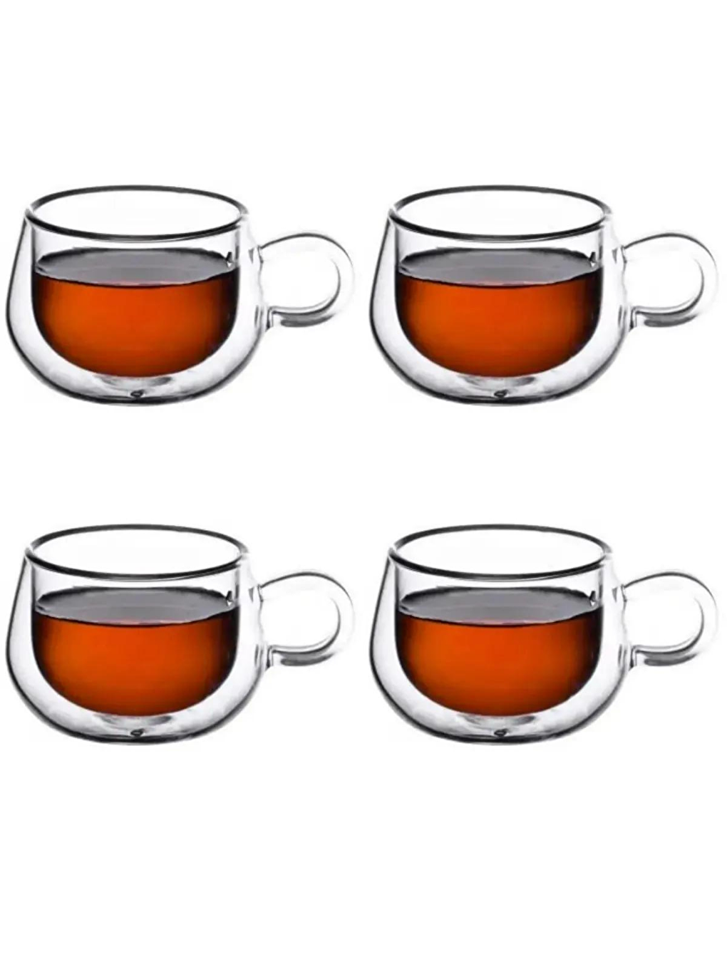 Renksiz Yeni Tasarım Çift Cidarlı 200 ml Kulplu Cam Bardak Çay Kupası 4 Adet 2673