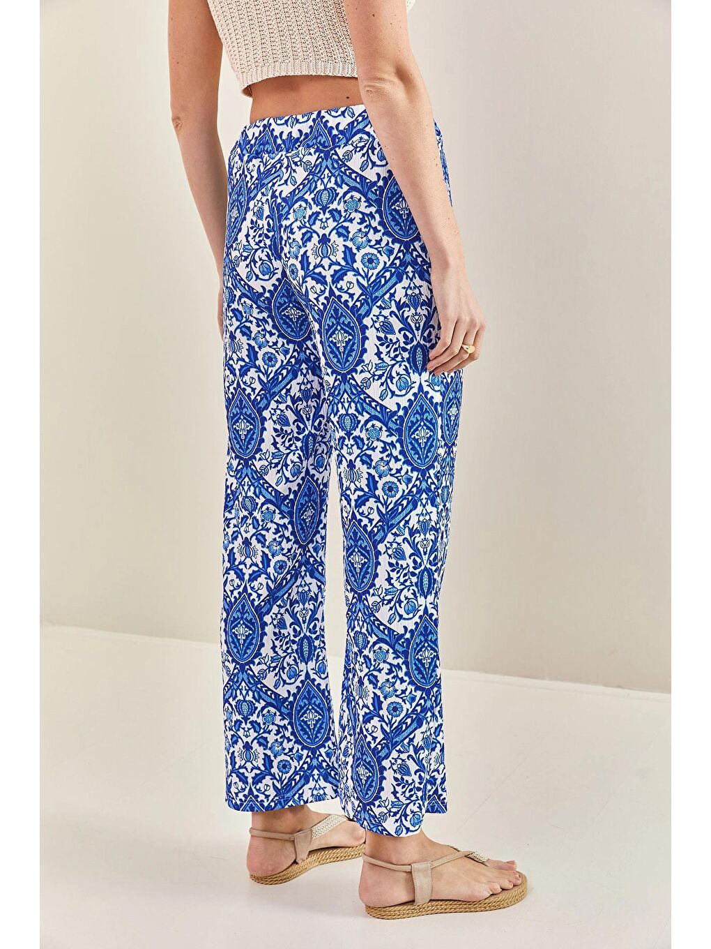 Mavi Kadın Beli Lastikli Desenli Pantolon-1