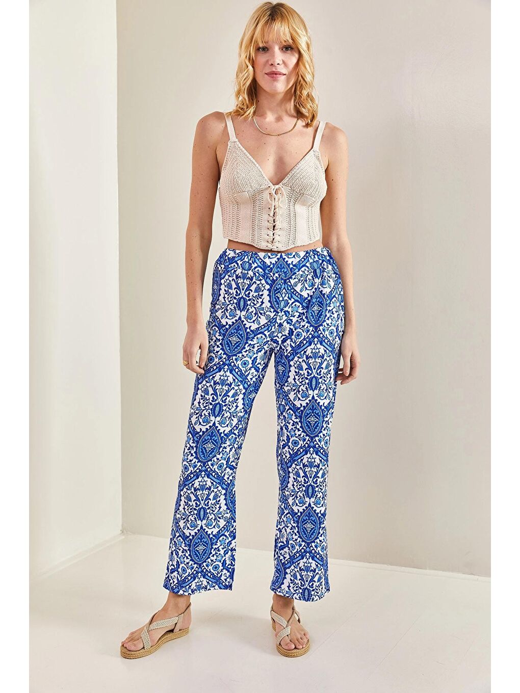 Mavi Kadın Beli Lastikli Desenli Pantolon-2