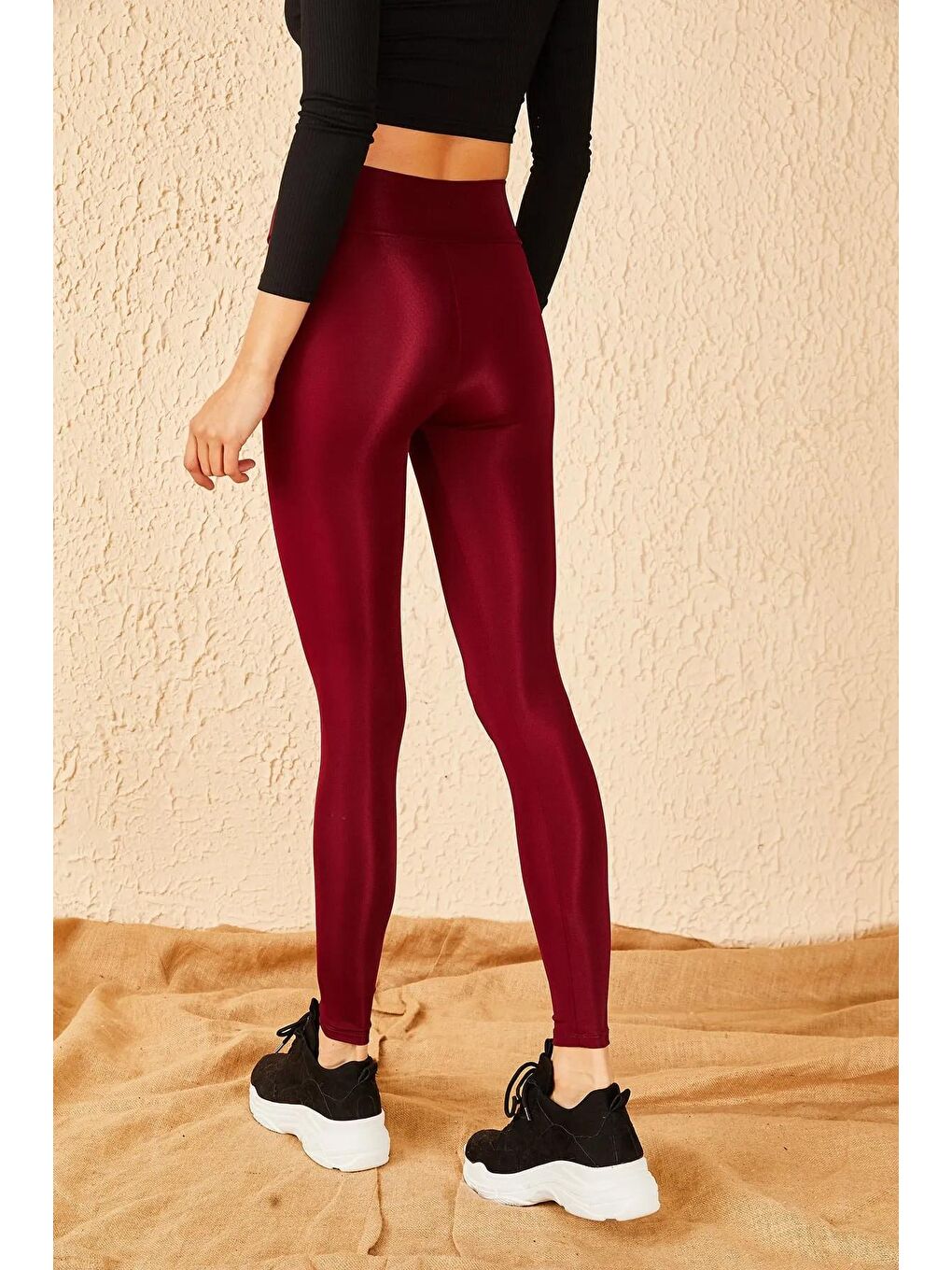 Bordo Uzun Kemerli Toparlayıcı Parlak Disko Tayt Fitness