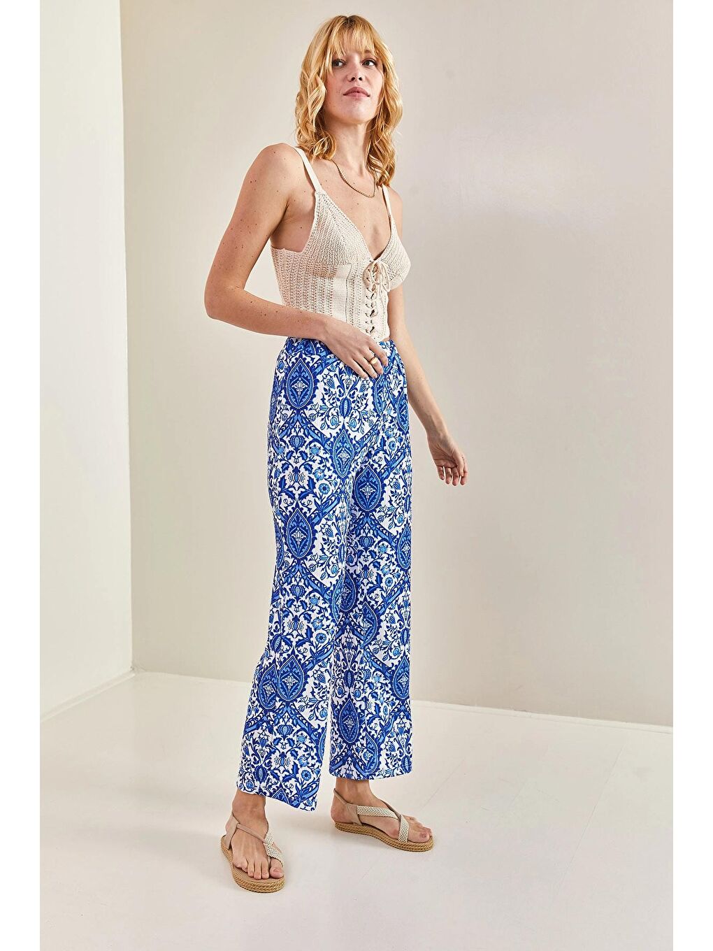 Mavi Kadın Beli Lastikli Desenli Pantolon-3