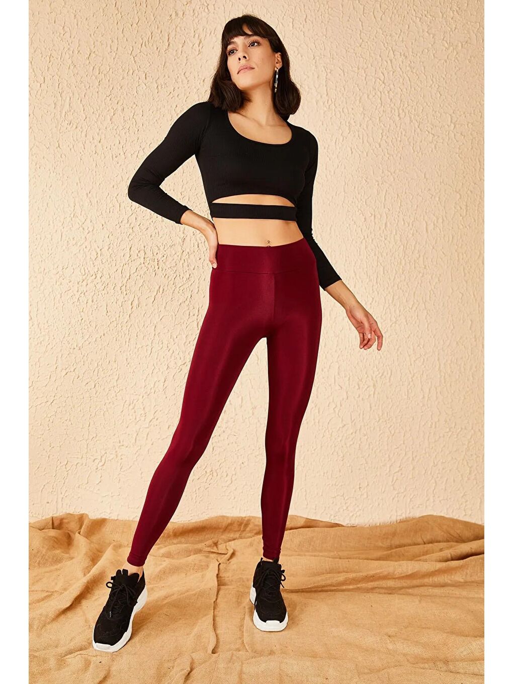 Bordo Uzun Kemerli Toparlayıcı Parlak Disko Tayt Fitness-1