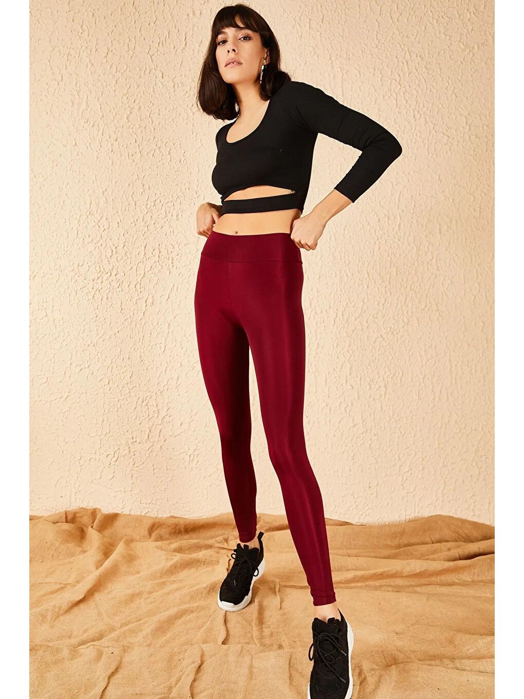 Bordo Uzun Kemerli Toparlayıcı Parlak Disko Tayt Fitness-2