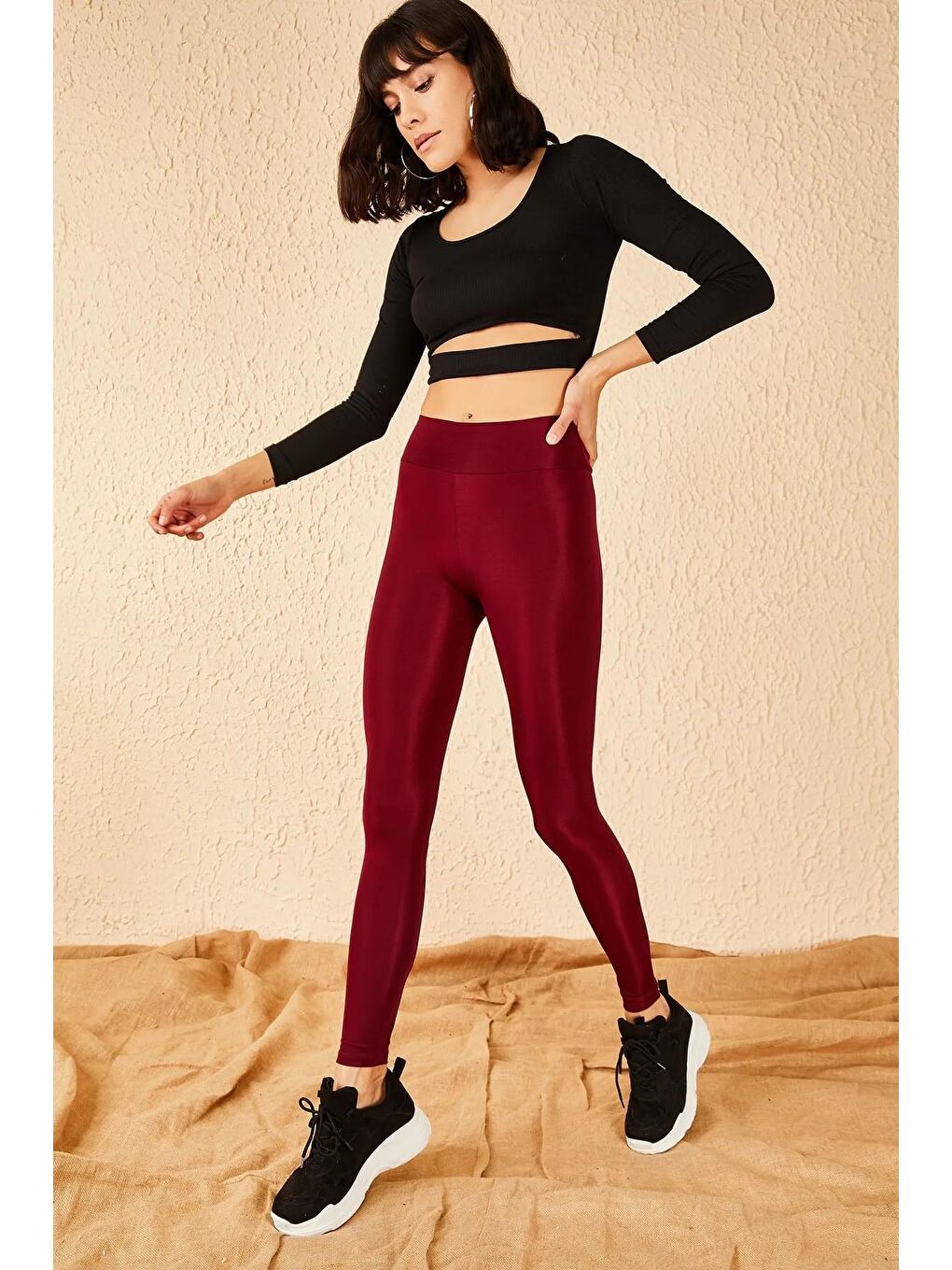 Bordo Uzun Kemerli Toparlayıcı Parlak Disko Tayt Fitness-3