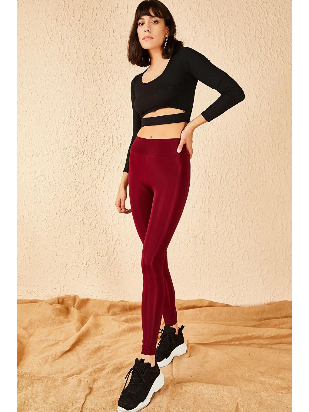 Bordo Uzun Kemerli Toparlayıcı Parlak Disko Tayt Fitness-4