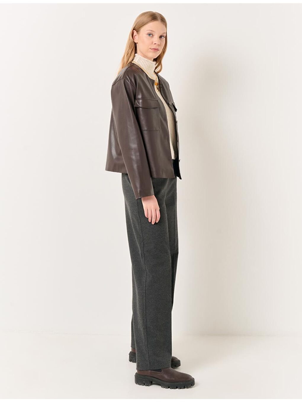 Antrasit Yüksek Bel Bol Paça Cepli Pantolon-2