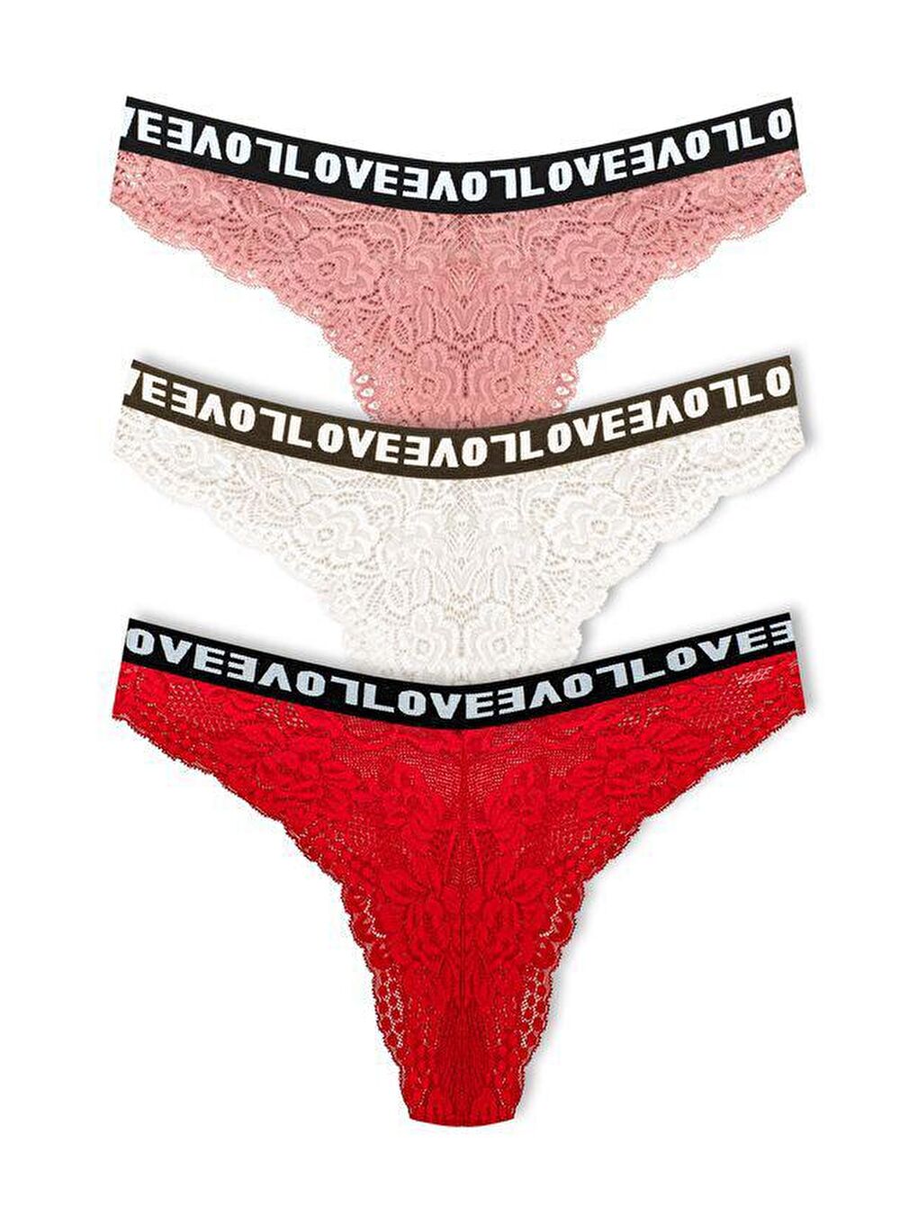 Karışık Brezilya Kesim Dantelli LOVE Lastik Yüksek Bel Kadın Külot 3'lü