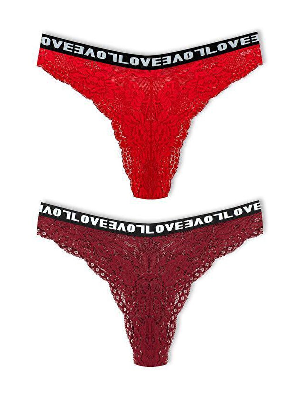 Kırmızı Brezilya Kesim Dantelli LOVE Lastik Yüksek Bel Kadın Külot 2'li