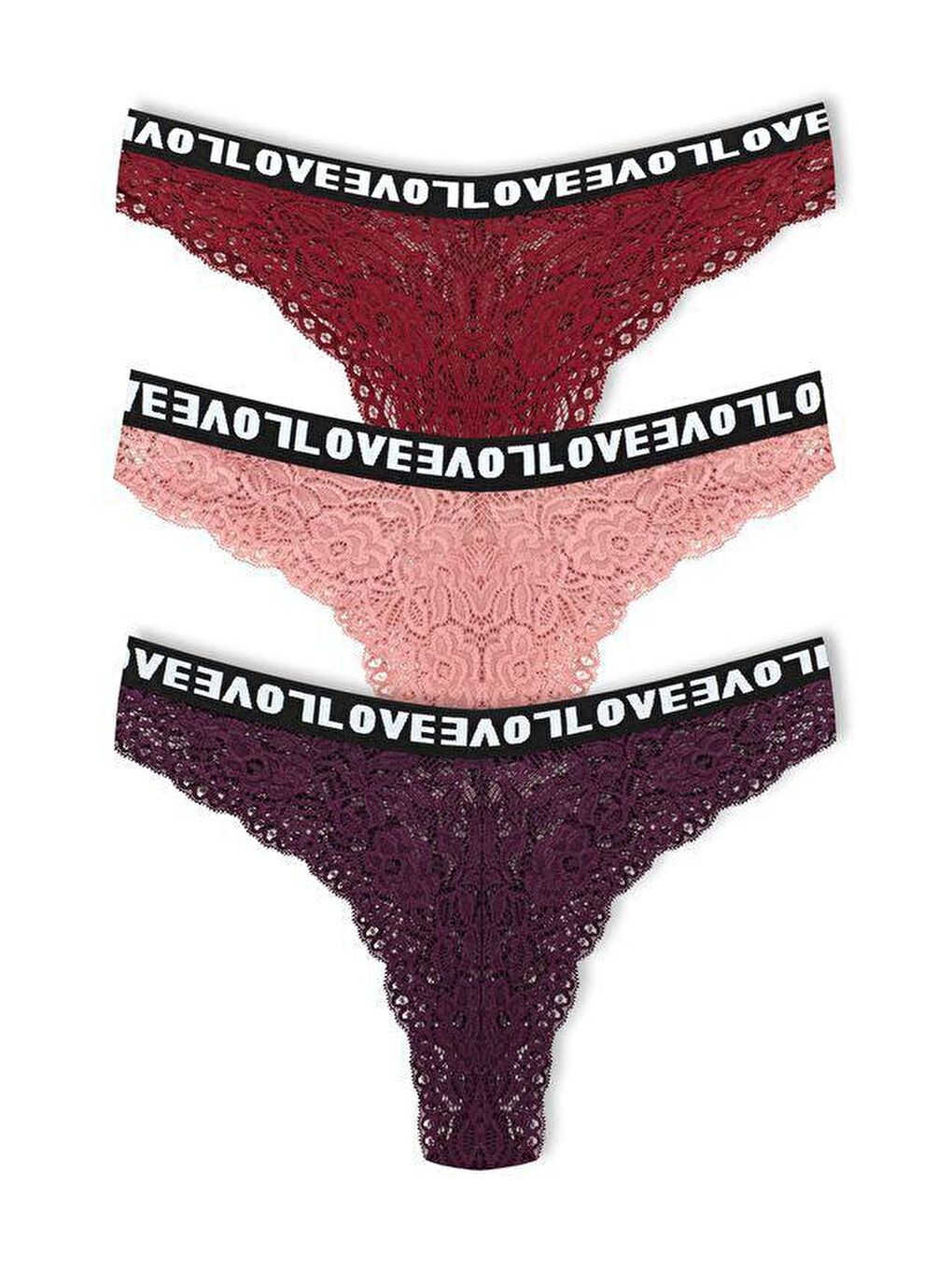 Bej Brezilya Kesim Dantelli LOVE Lastik Yüksek Bel Kadın Külot 3'lü