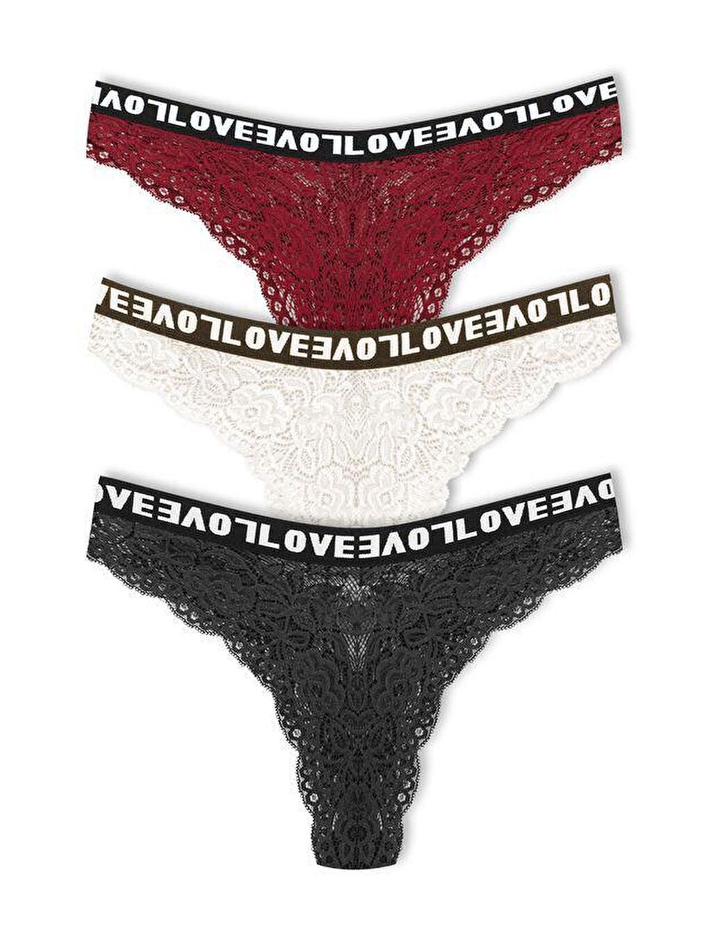 Bordo Brezilya Kesim Dantelli LOVE Lastik Yüksek Bel Kadın Külot 3'lü